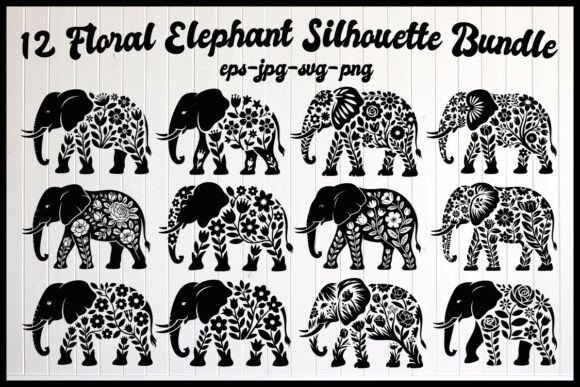 12 Floral Elephant Silhouette Bundle Graphics and Illustrations Review