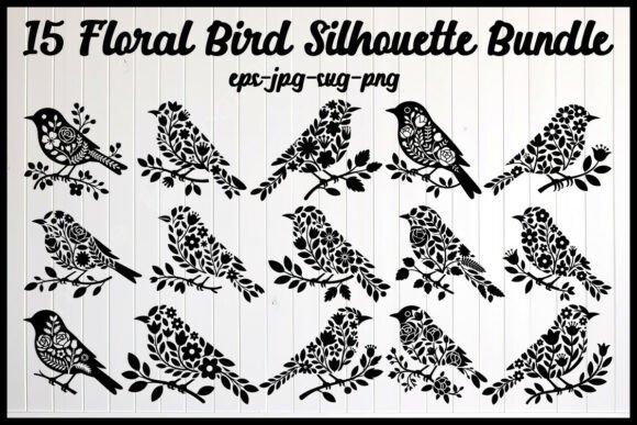 15 Floral Bird Silhouette Bundle: Graphics and Illustrations for Editorial Use