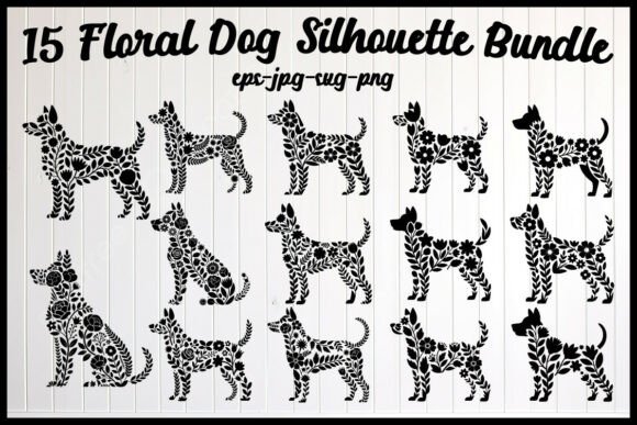 15 Floral Dog Silhouette Bundle Graphics and Illustrations