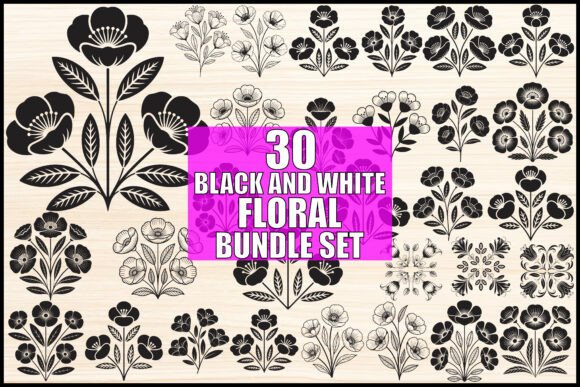 Black and White Floral Bundle Set: Graphics and Illustrations for Branding