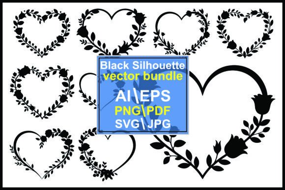 Black Floral Heart Frames with Roses Graphics and Illustrations