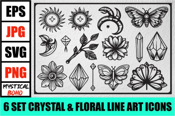Boho Crystal Floral Line Icons Set for Graphics and Illustrations