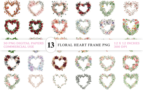 Bright Floral Heart Frame PNG Bundle Graphics and Illustrations