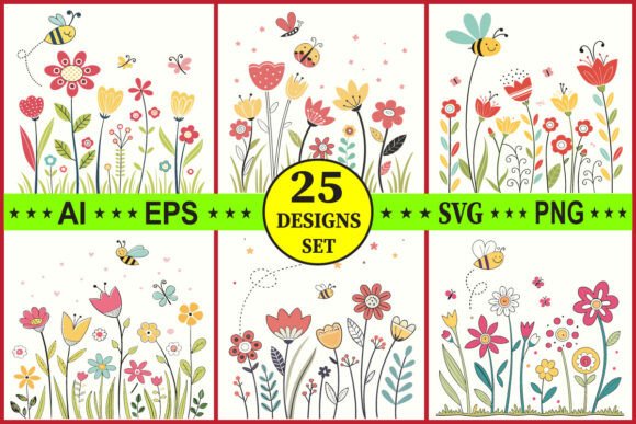 Cartoon Spring Floral Meadow Vector Set Graphics and Illustrations