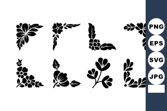Floral Corner Design Elements with Black Graphics and Illustrations