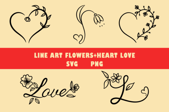 Floral Heart Line Art with “Love” Graphics and Illustrations