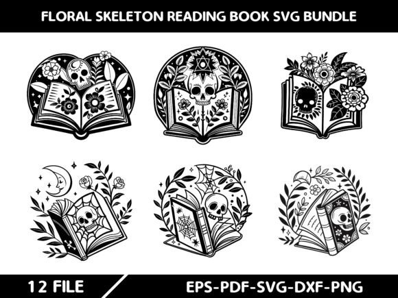 Floral Skeleton Reading Book Svg Bundle Graphics and Illustrations