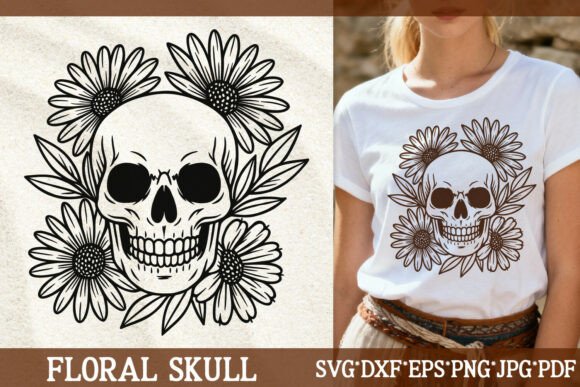 Floral Skull SVG Daisy Flowers Boho Art Graphics and Illustrations