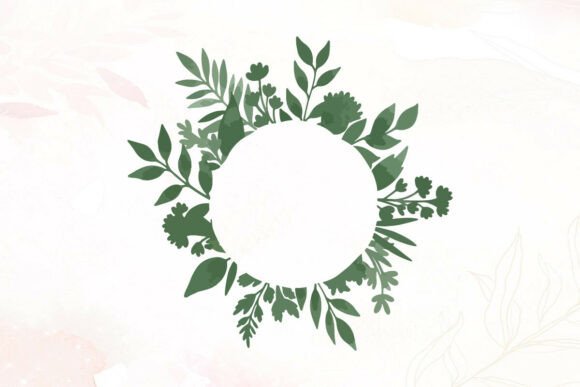 Green Watercolor Floral Circle Frame Graphics and Illustrations