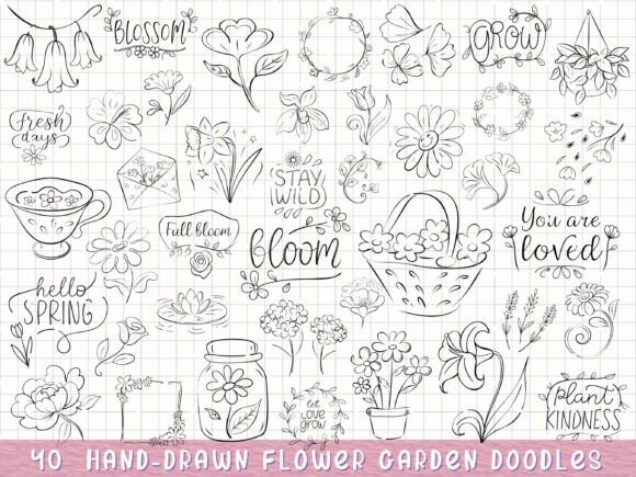 Hand Drawn Flower Garden, Spring Floral Graphics and Illustrations