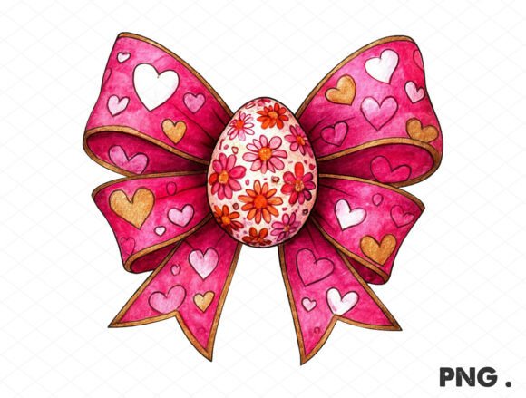 Pink Heart Bow Floral Easter Egg PNG Graphics and Illustrations
