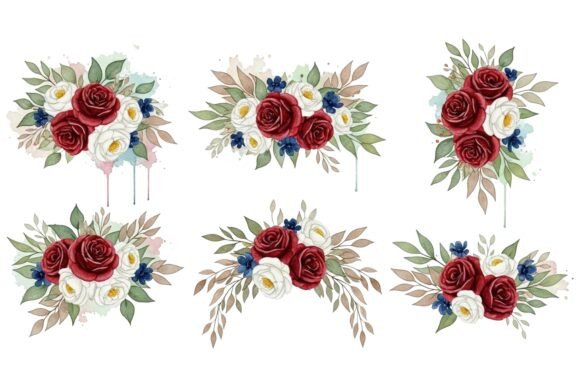 Red Rose White Floral Bouquet Set Graphics and Illustrations