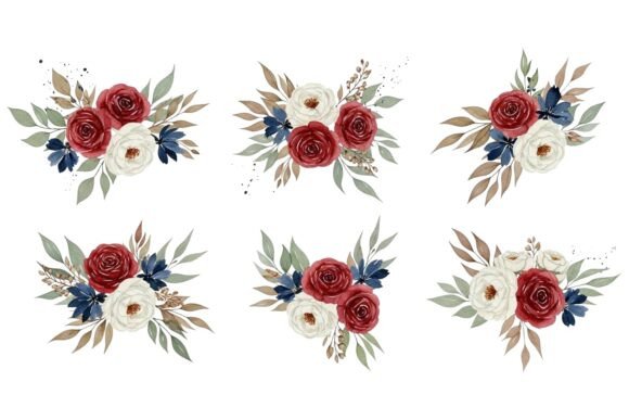 Red White Blue Rose Floral Set Graphics and Illustrations