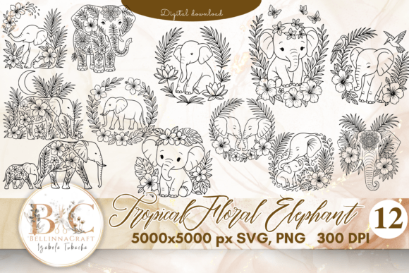 Tropical Floral Elephant Bundle SVG PNG Graphics and Illustrations Review
