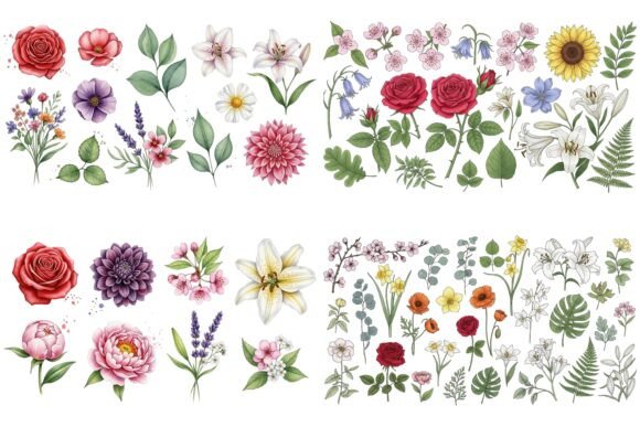 Watercolor Floral and Flamingo Clipart Graphics
